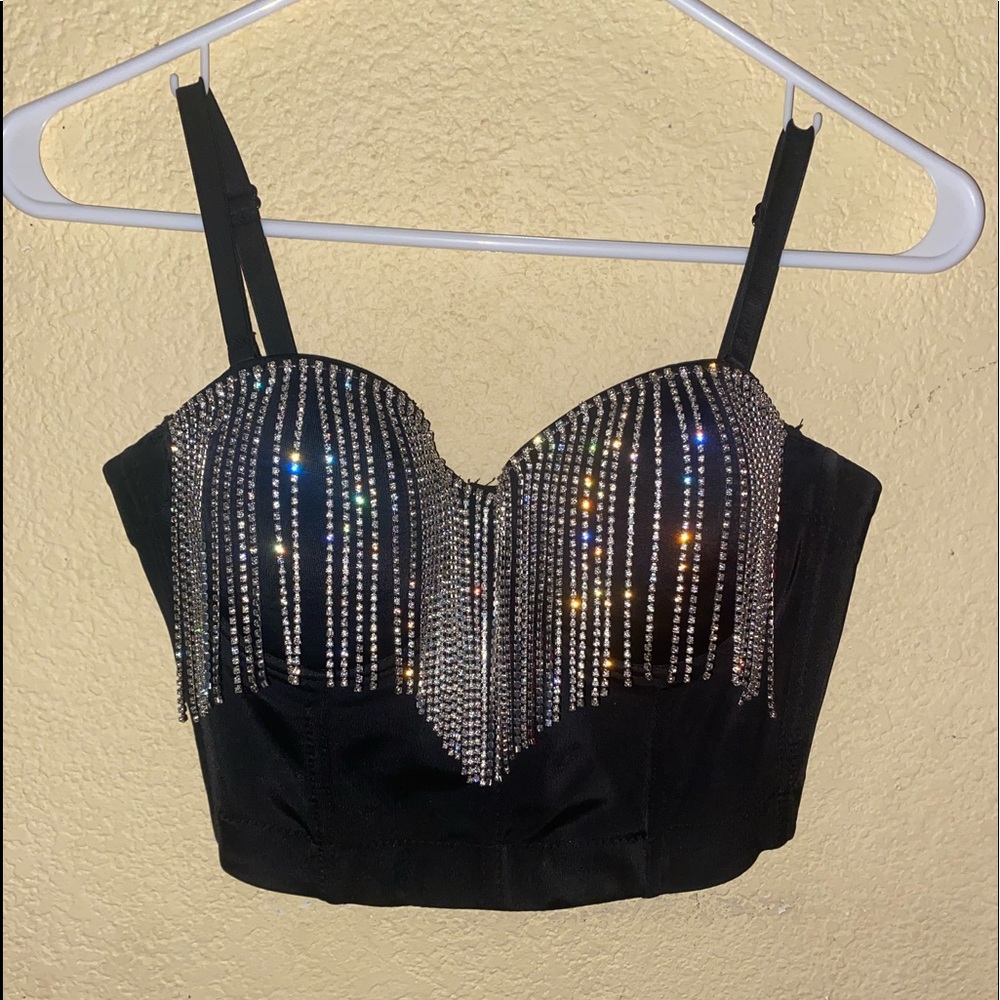 Black rhinestone fringe corset bra top